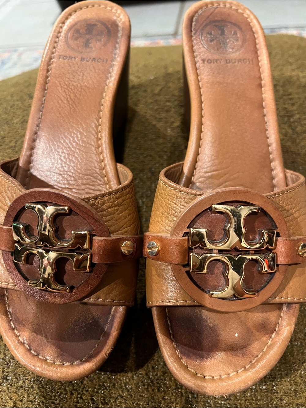Tory Burch Tan Leather Logo Slide Mules with Gold Medallions